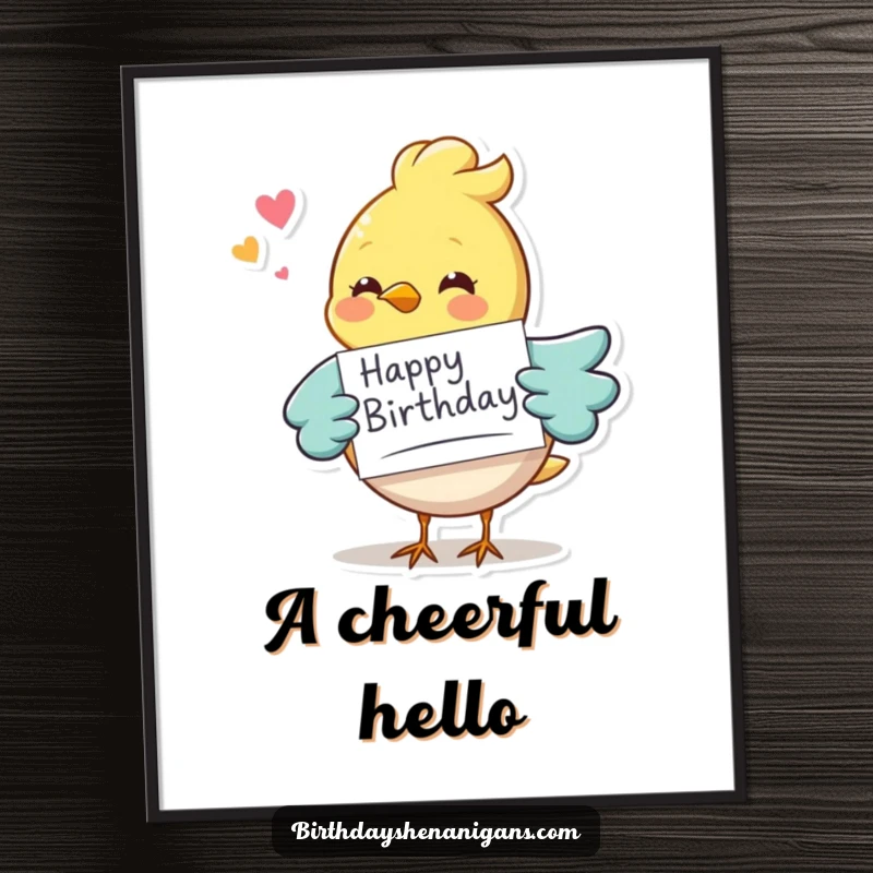 Funny whimsical bird character delivering a birthday card, high-quality poster print, perfect for birthday party decor.