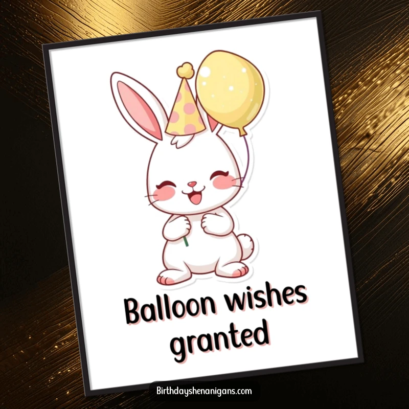 Funny birthday poster featuring a cheerful bunny character wearing a party hat and holding a balloon, creating festive wall art.