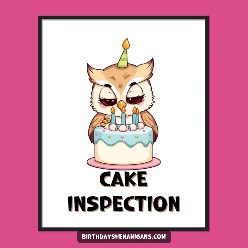 Funny Curious Owl Birthday Cake Poster - Whimsical Wall Art Gift