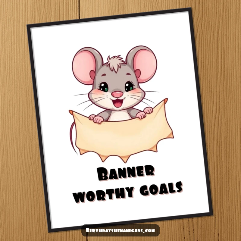 Funny poster showcasing a small but determined mouse character energetically hanging a large festive banner, symbolizing great effort.