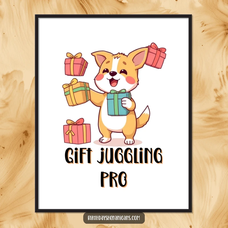 Funny poster featuring a determined dog character skillfully juggling three colorful gift boxes, showcasing impressive coordination and flair.