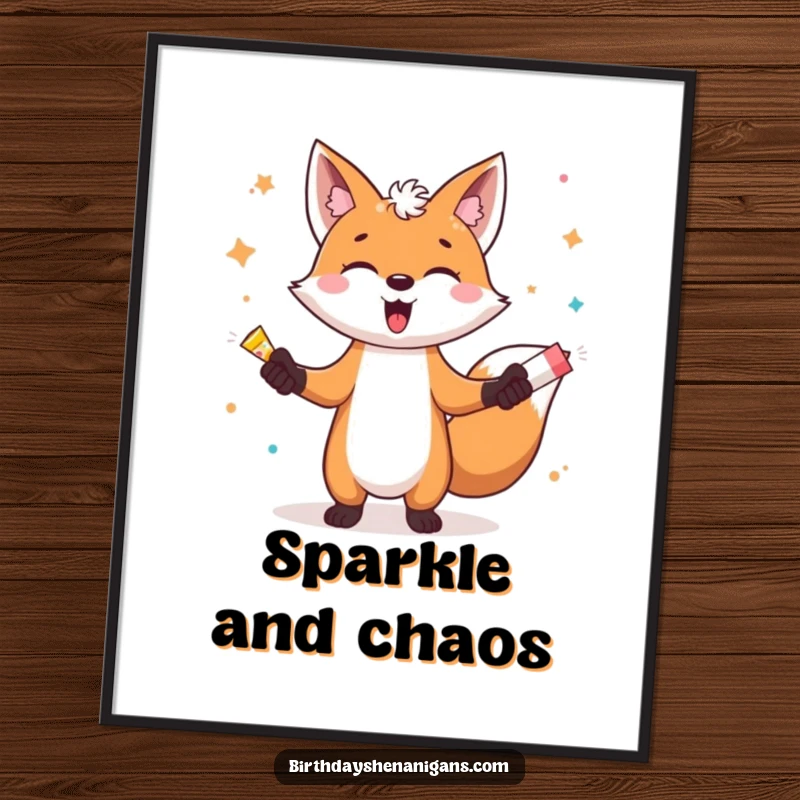 Funny poster of a gleeful fox artistically juggling multiple exploding party poppers, creating a dynamic and celebratory visual.