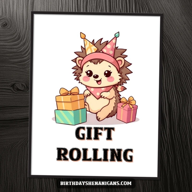 Funny Hedgehog Poster: Happy character rolls towards presents, wearing a bandana, vibrant wall art.