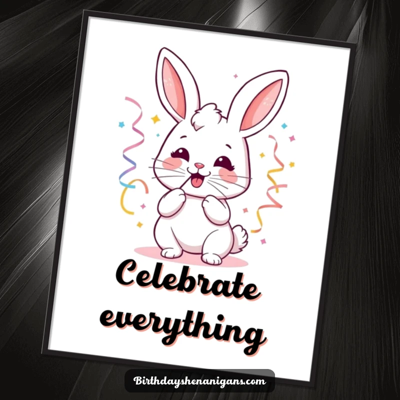 Funny kawaii bunny party poster featuring a joyful bunny blowing party streamers, perfect for festive wall decor.