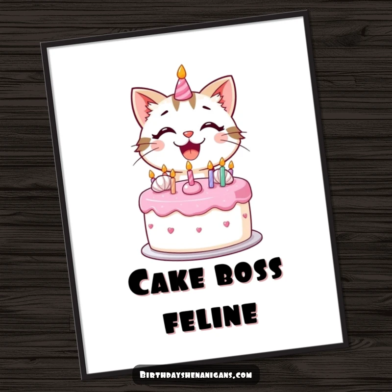 Funny kawaii cat with a huge smile decorating a birthday cake with frosting, wall art poster for humorous decor.