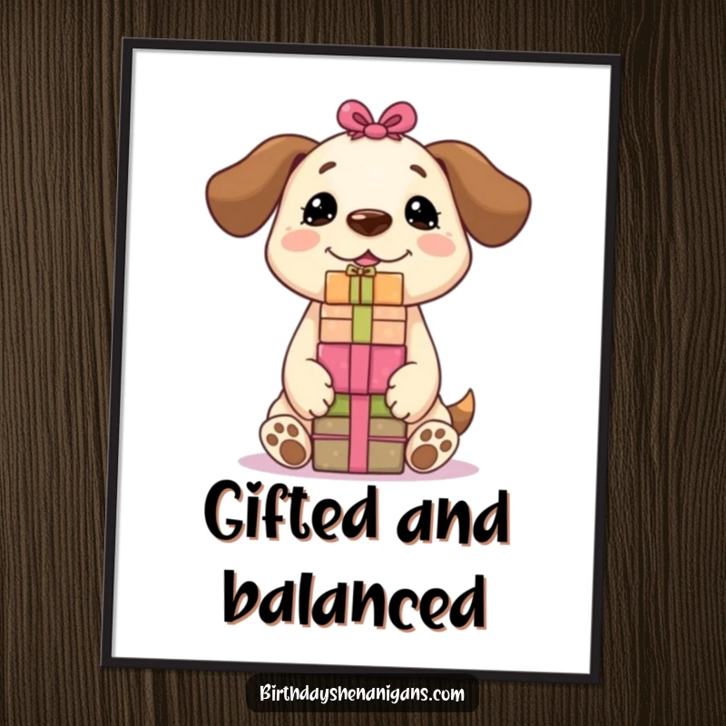 Funny Kawaii dog artistically depicted balancing a tower of presents on its nose, making a vibrant and cheerful wall art piece.