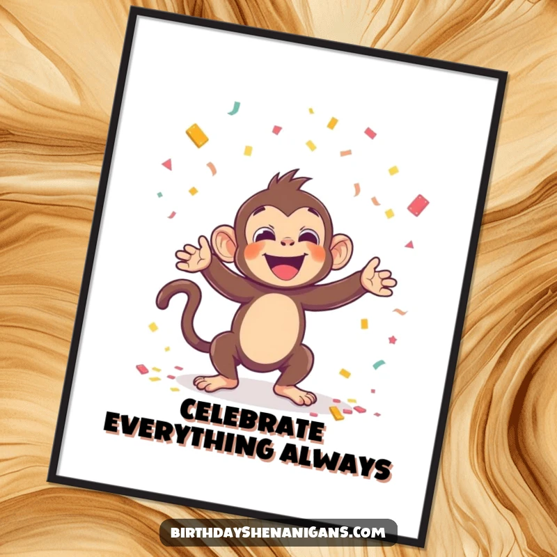 Funny poster of a kawaii monkey joyfully throwing confetti, adding a festive and humorous touch ideal for party decorations.