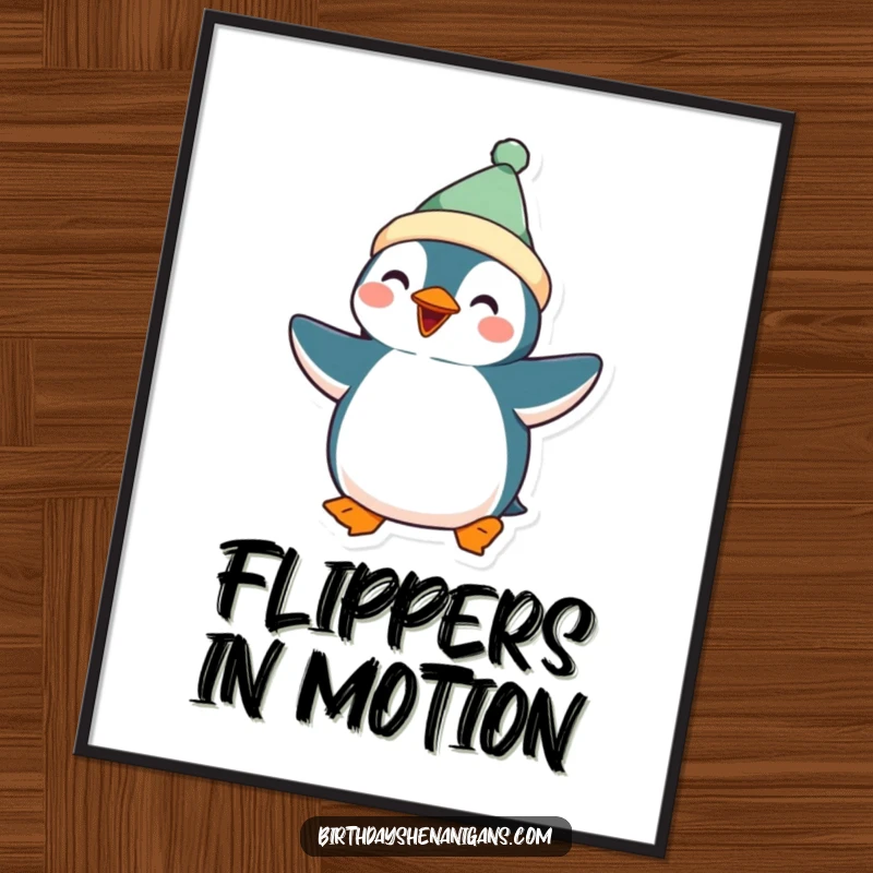 Funny Kawaii Penguin Poster: A cute penguin in festive attire is captured mid-silly dance, adding humorous energy to decor.