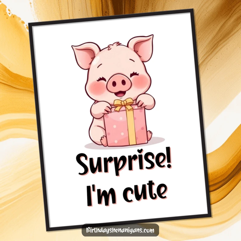 Funny Kawaii Pig Poster: A kawaii pig with rosy cheeks enthusiastically unwrapping a present, adding a touch of fun to decor.