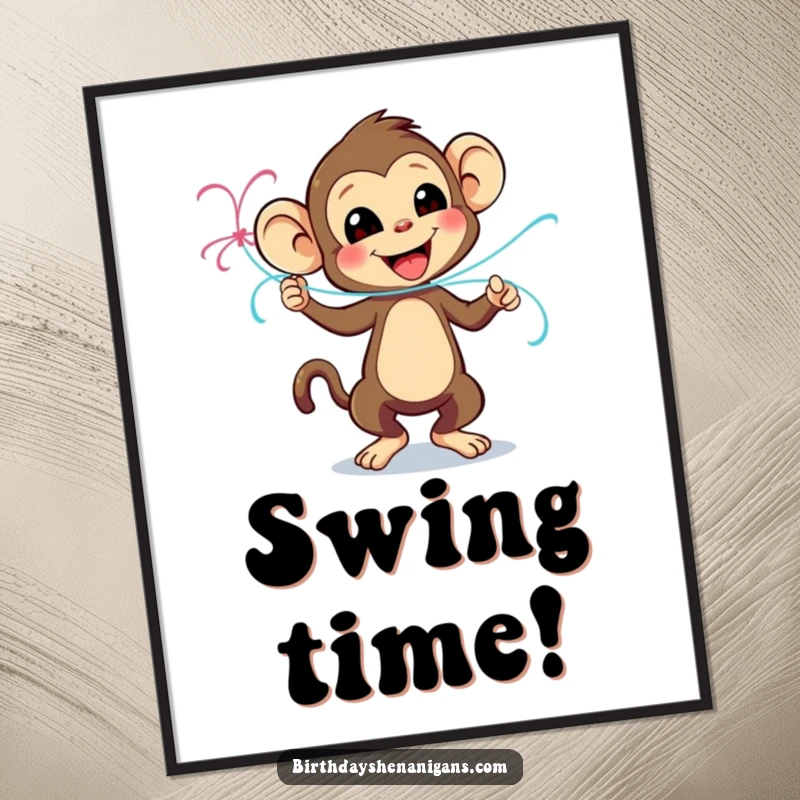 Funny poster art of a playful monkey character energetically dancing with a streamer, capturing a moment of pure celebration.