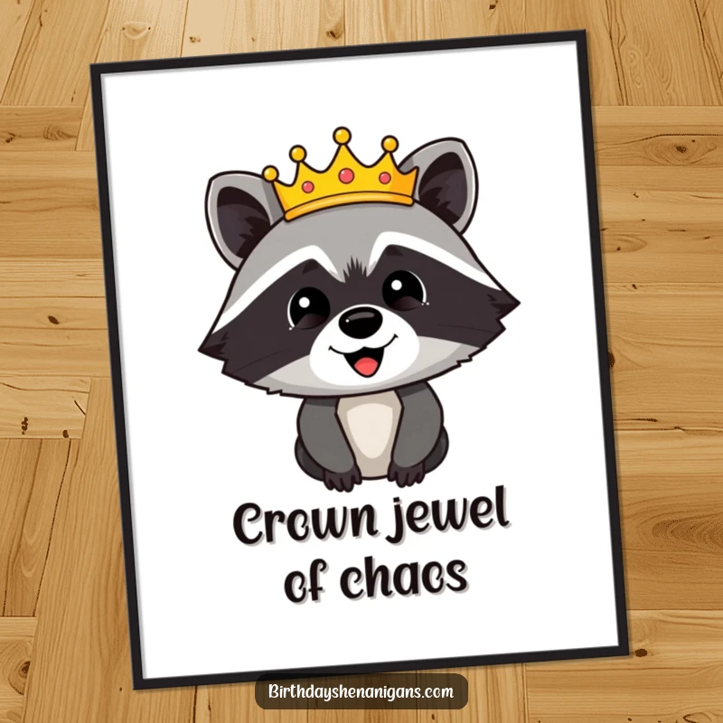Funny poster showcasing a happy raccoon character wearing a majestic, festive crown, exuding a humorous and regal presence.