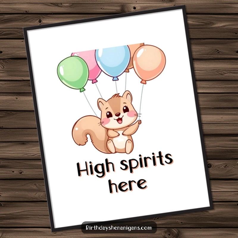 Funny squirrel character soaring upwards, tethered to colorful balloons, a delightful and humorous wall art piece.