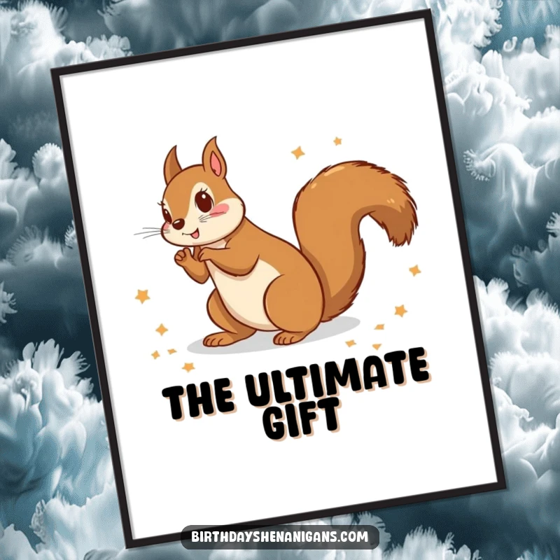 Funny poster art featuring a squirrel gleefully scattering gift wrapping paper, adding a humorous holiday touch to decor.