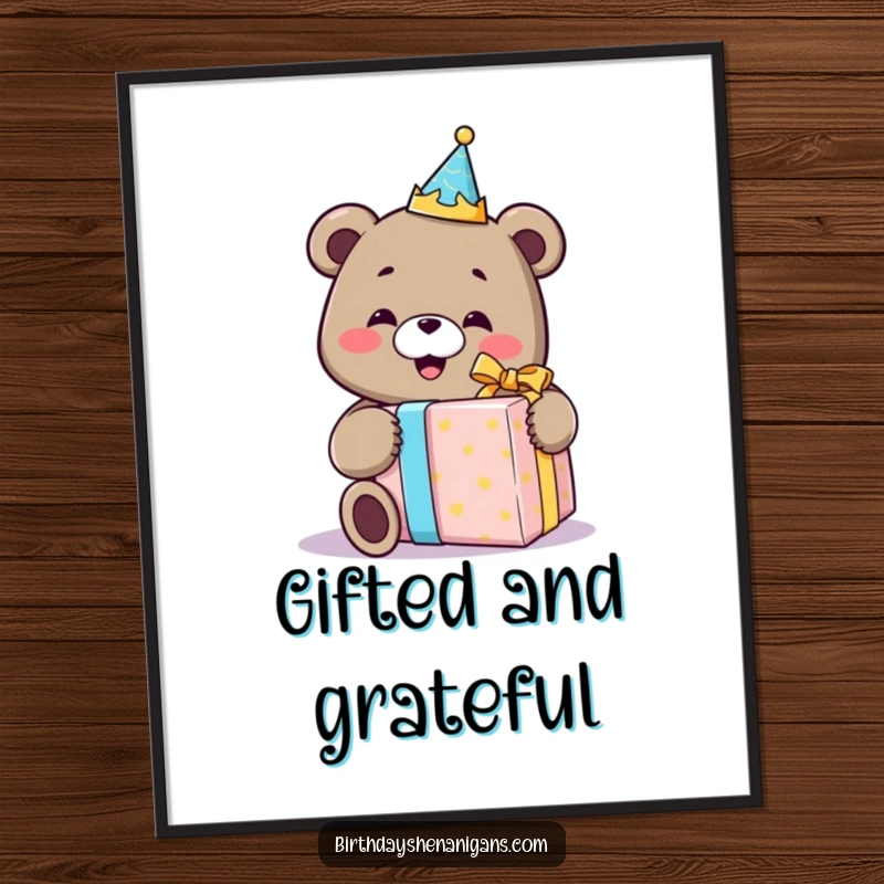Funny poster art of a smiling bear in a birthday crown, joyfully tearing into a comically oversized gift, celebrating surprise and delight.