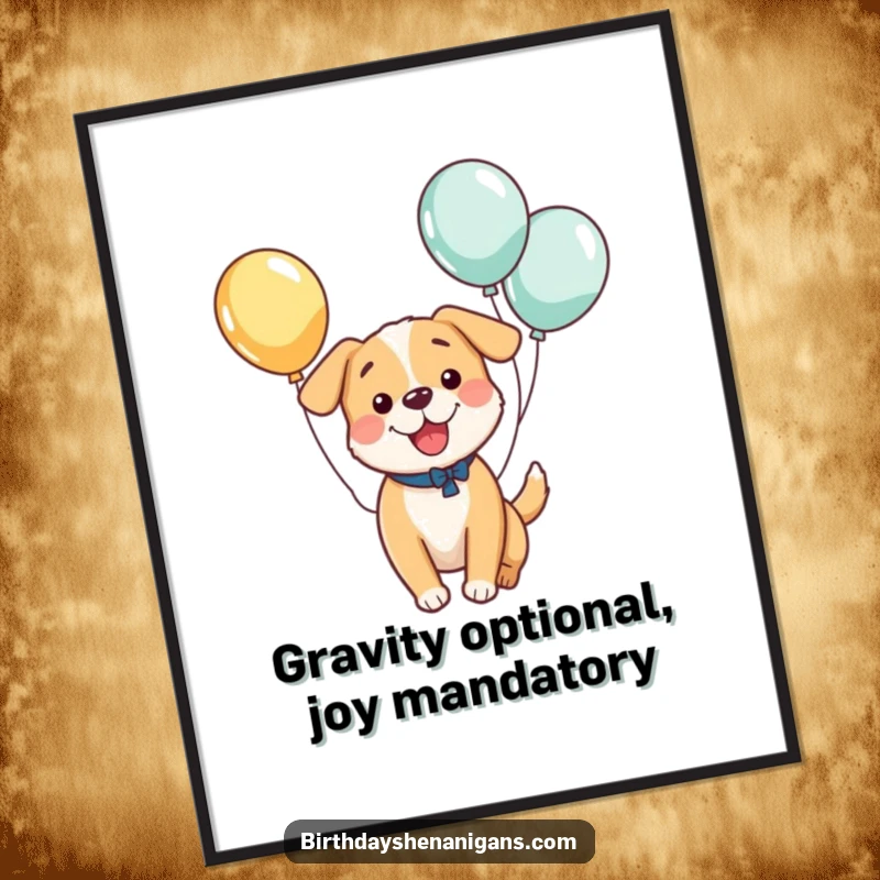 Funny poster of a kawaii dog with balloons tied to its tail, joyfully bouncing, adding a whimsical and humorous touch to any wall.