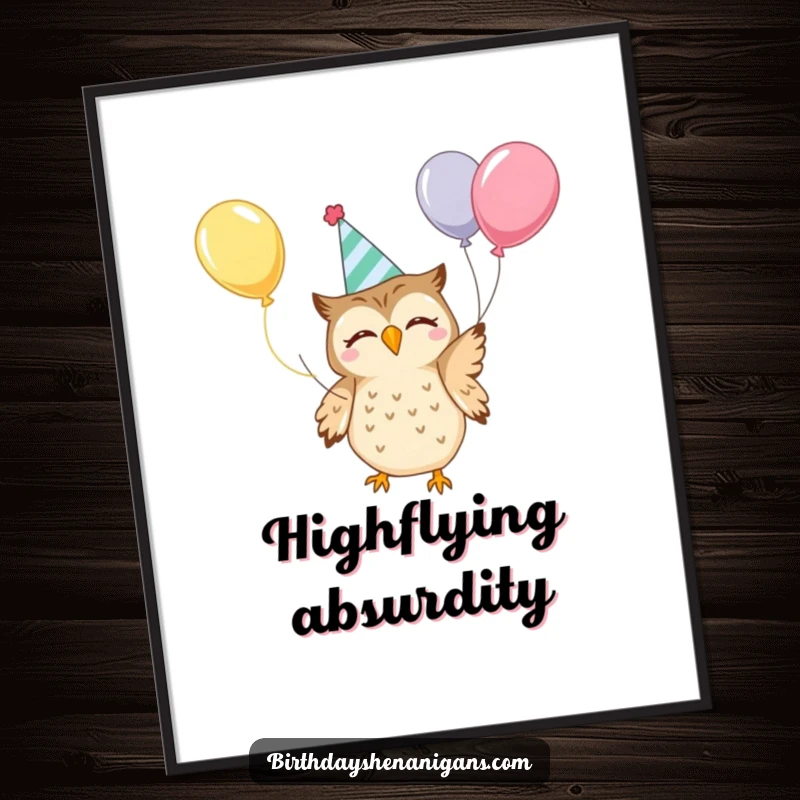 Funny Kawaii Owl Poster: A cute owl in a party hat gleefully juggles colorful balloons, adding whimsical humor to wall decor.