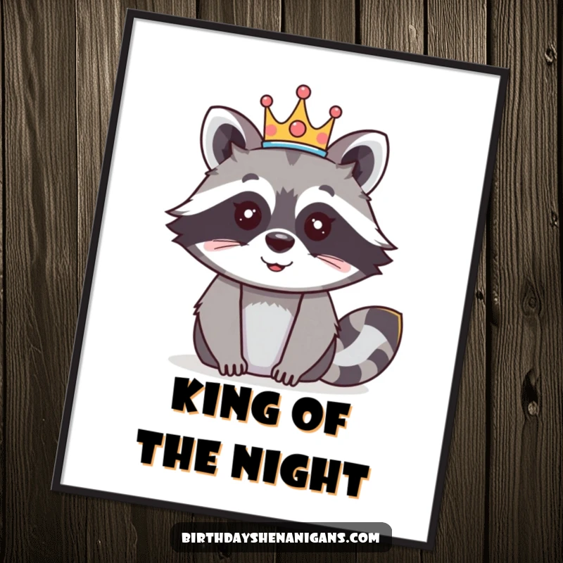 Funny raccoon poster print of a happy character wearing a festive crown, ideal for royal-themed wall art.