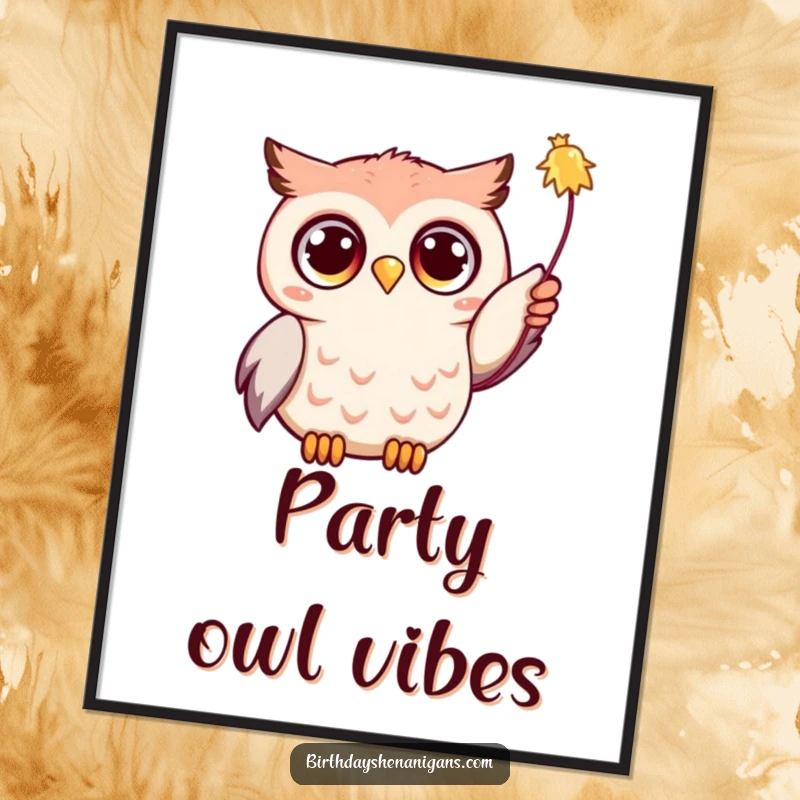 Funny Kawaii owl with large, eager eyes, stretching to catch a dangling streamer, vibrant digital art poster.