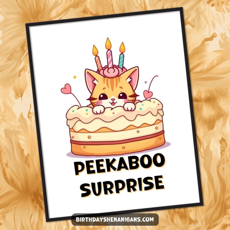 Funny poster featuring a playful cat character peeking out from a giant birthday cake, perfect for festive wall decor.