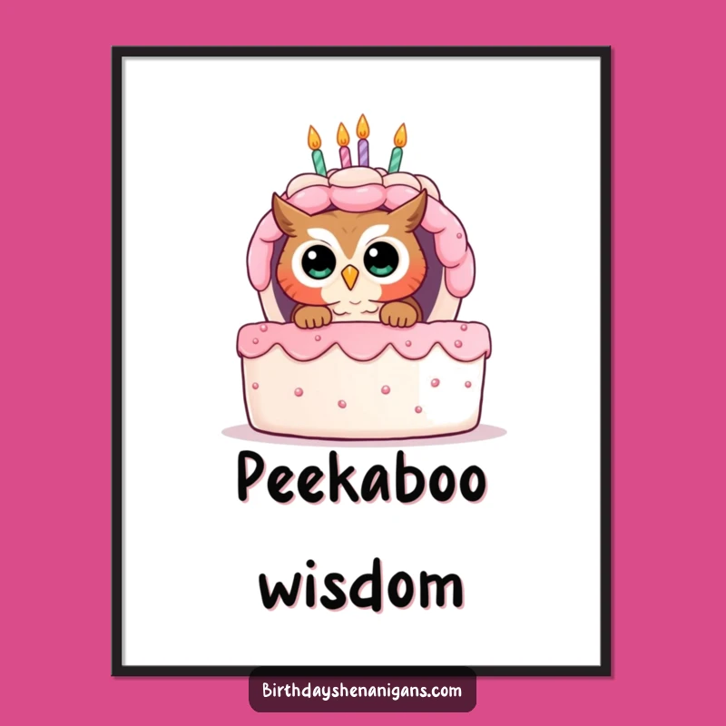 Funny Owl Birthday Cake Poster - Curious Peek Art Print Gift