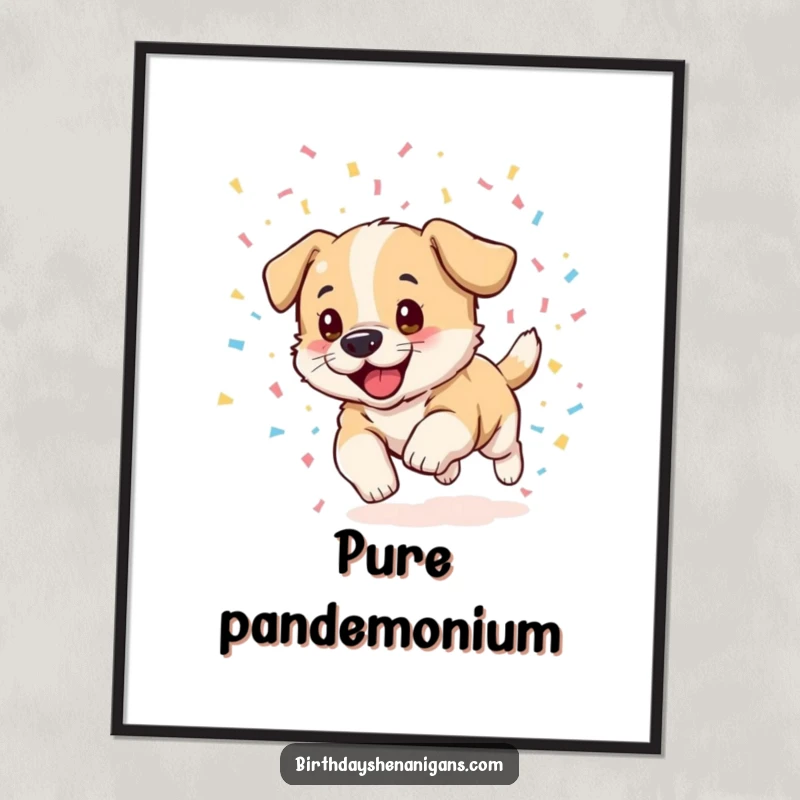 Funny puppy poster, excited, chasing confetti cascade, vibrant wall art, celebration theme, joyful decor, humorous.