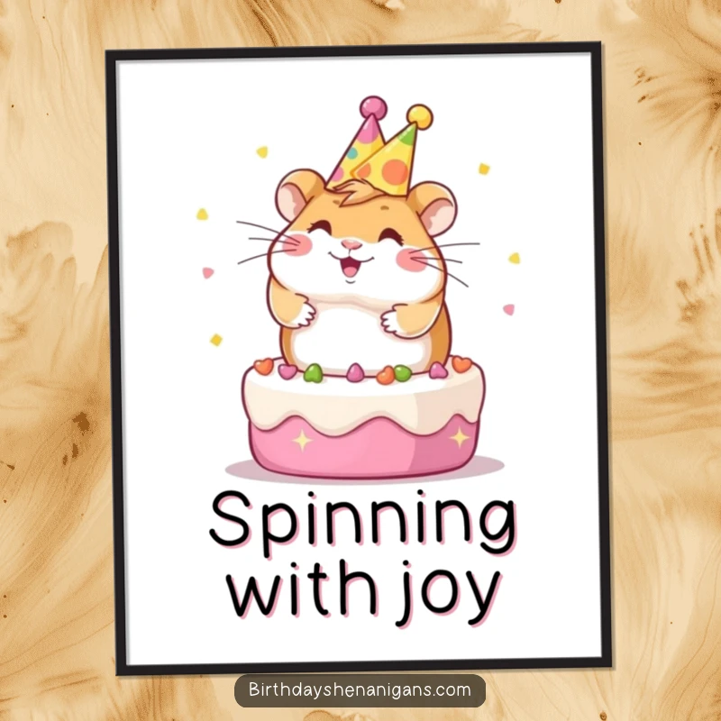 Funny Kawaii hamster wearing a party hat, gleefully spinning on a decorated cake, vibrant digital art poster.