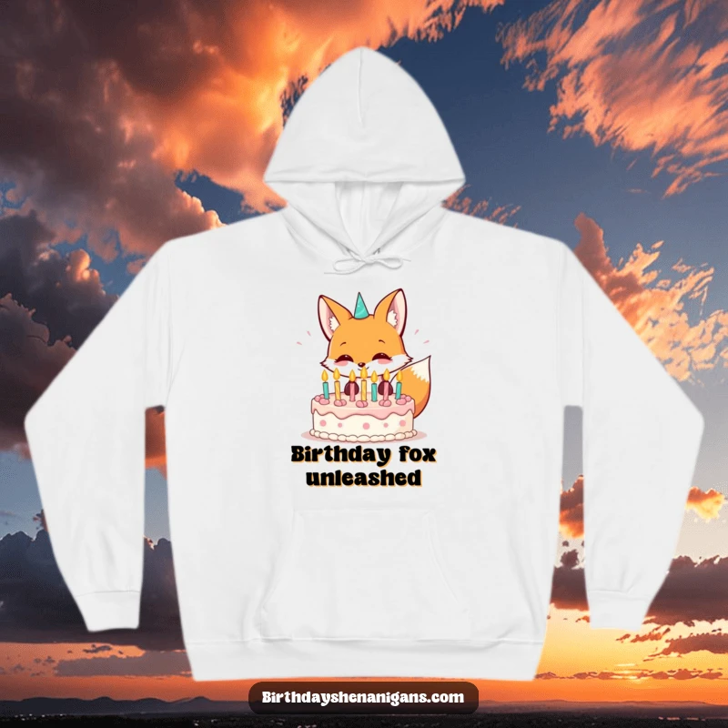 Funny kawaii fox grinning and blowing out birthday candles on a cozy hoodie.
