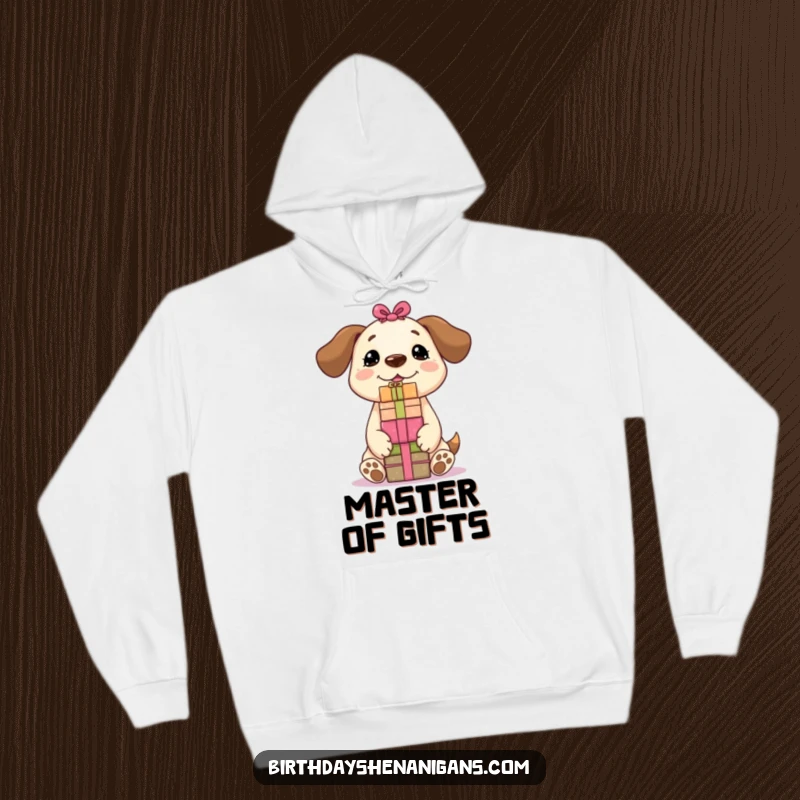 Funny Kawaii dog character balancing a huge pile of gift boxes on its nose, looking excited, perfect for cozy wear.