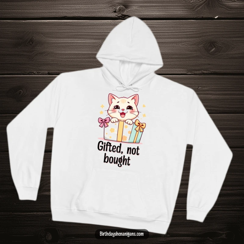 Funny hoodie featuring a thrilled cat character in the midst of unwrapping a generously sized present, capturing the thrill of discovery.