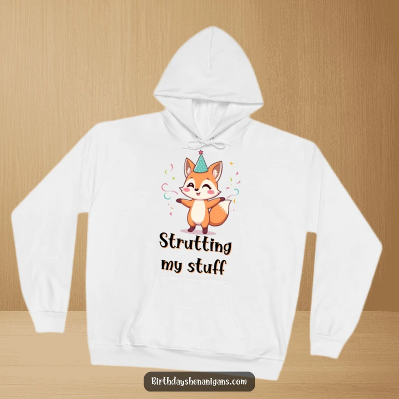 Funny Fox Hoodie: Cheerful character dances with streamers and a sparkly hat, perfect for cozy celebrations.