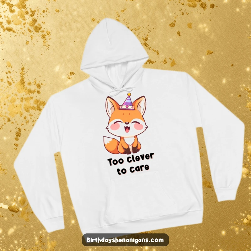 Funny hoodie featuring a giggling fox wearing a party crown askew, perfect for cozy and mischievous times.
