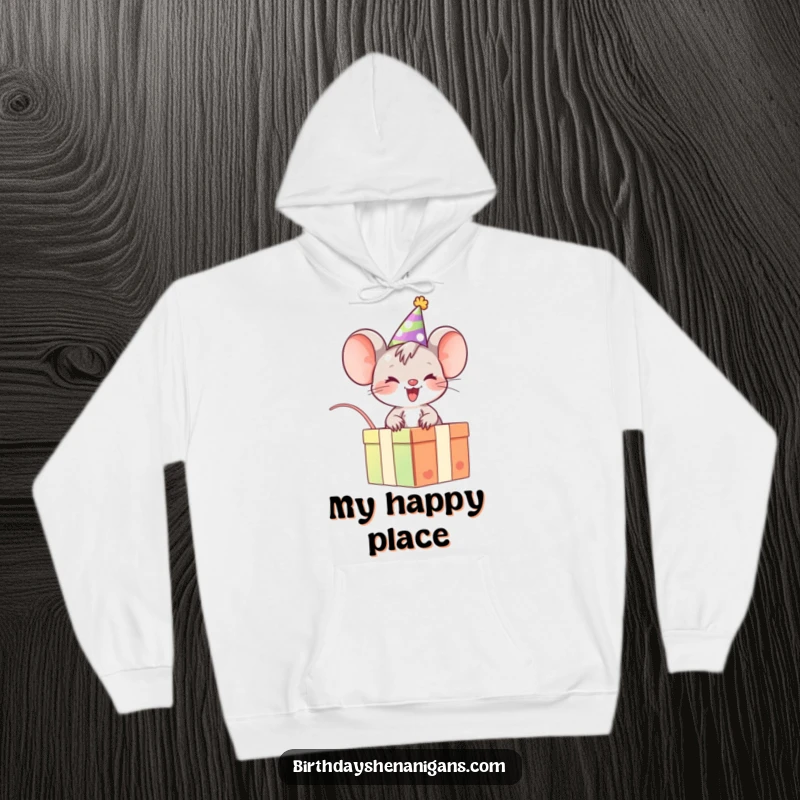 Funny Mouse Hoodie: Giggling character on gift box, snuggly warm and full of holiday cheer.
