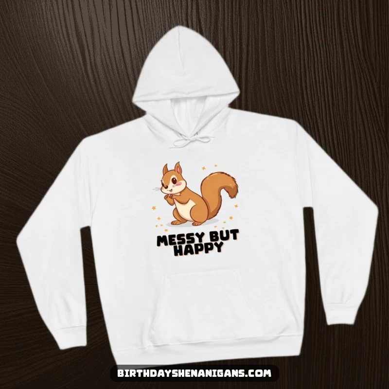 Funny hoodie depicting a playful squirrel ripping up gift wrapping paper, perfect for holiday lounging and chuckles.