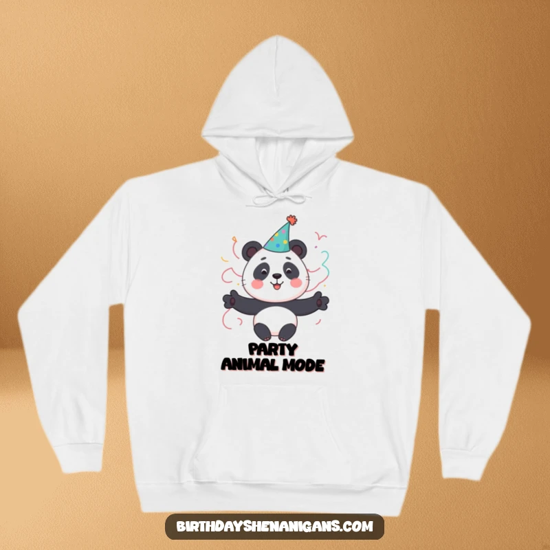 Funny Panda Hoodie: A cute panda character in a party hat and streamers, designed for cozy celebrations.