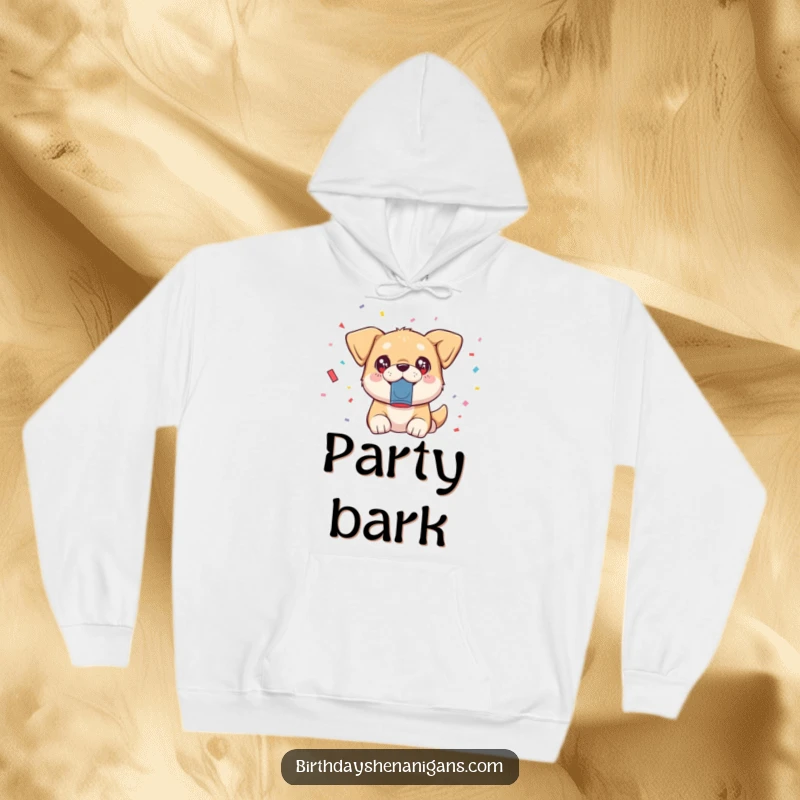 Funny kawaii dog with sparkling eyes launching confetti from a popper on a cozy hoodie, radiating joy.