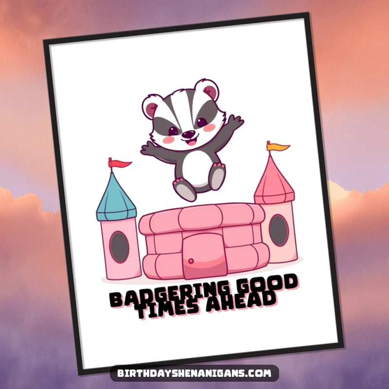 Funny free printable wall art of a happy badger joyfully jumping on a bouncy castle, a vibrant and humorous downloadable art.
