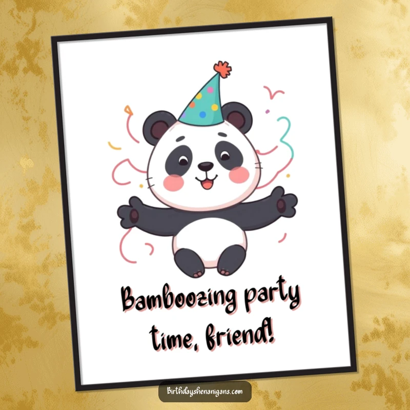 Funny free printable wall art of a cute panda character wearing a party hat and streamers, adding a festive vibe.