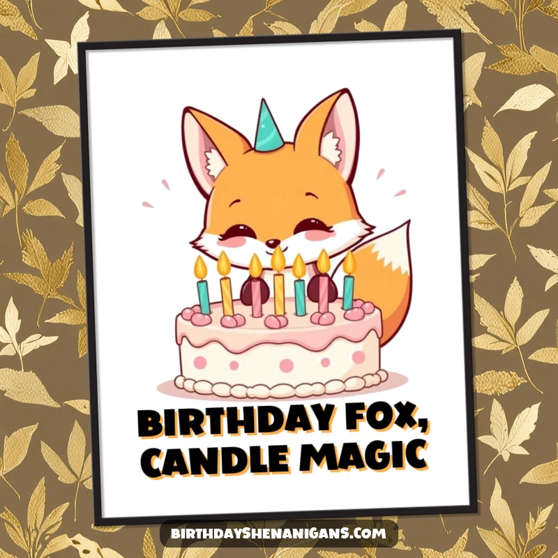 Funny free printable wall art: A kawaii fox grinning with delight while blowing out candles on a birthday cake.
