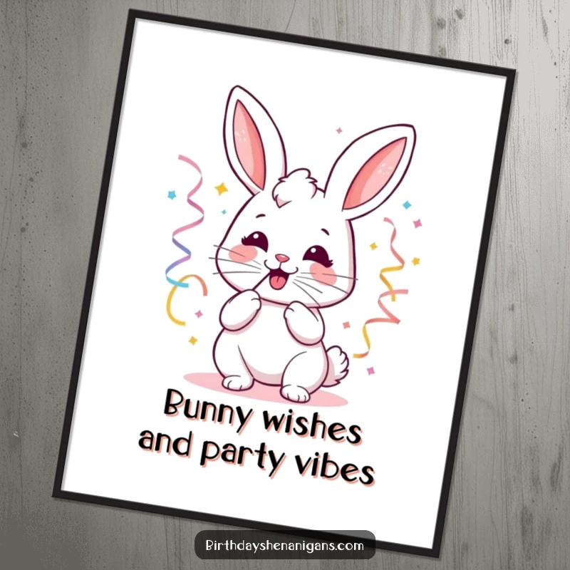 Funny Free Printable Wall Art of a kawaii bunny with a joyful expression, exuberantly blowing colourful party streamers.