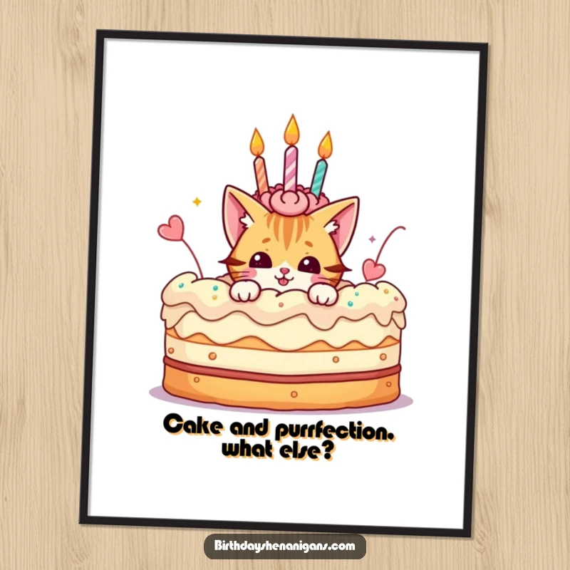 Funny Free Printable Wall Art: A mischievous cat emerges from a giant birthday cake, adding a playful and humorous element.