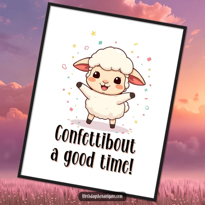 Funny Free Printable Wall Art depicting a sheep joyfully bouncing amidst a confetti explosion, bringing whimsical energy.
