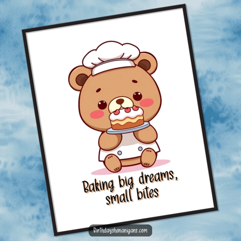 Funny Free Printable Kawaii Bear Chef Wall Art: A bear chef proudly displaying a comically small, delectable cake.