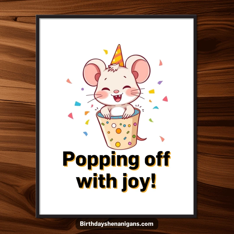 Funny Free Printable Wall Art: Giggling mouse bursting from a party popper, a delightful downloadable gift.