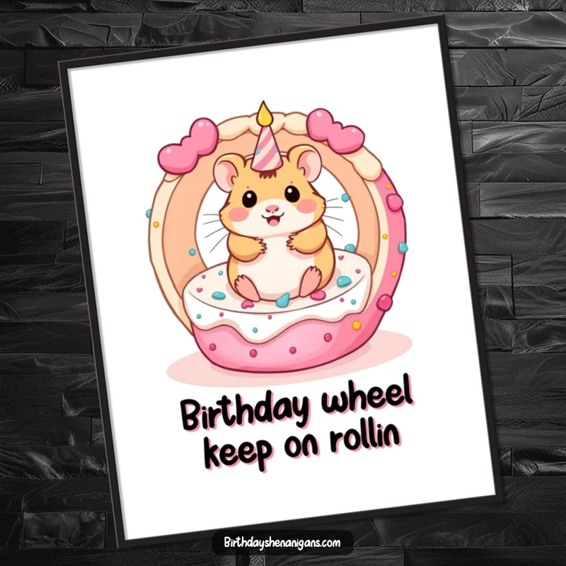 Funny Free Printable kawaii hamster art piece, spinning inside a cake, adding a playful vibe.