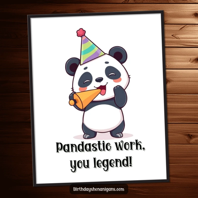 Funny Free Printable Panda Wall Art: A joyous panda wearing a party hat and blowing a noisemaker, bringing downloadable humor to your walls.