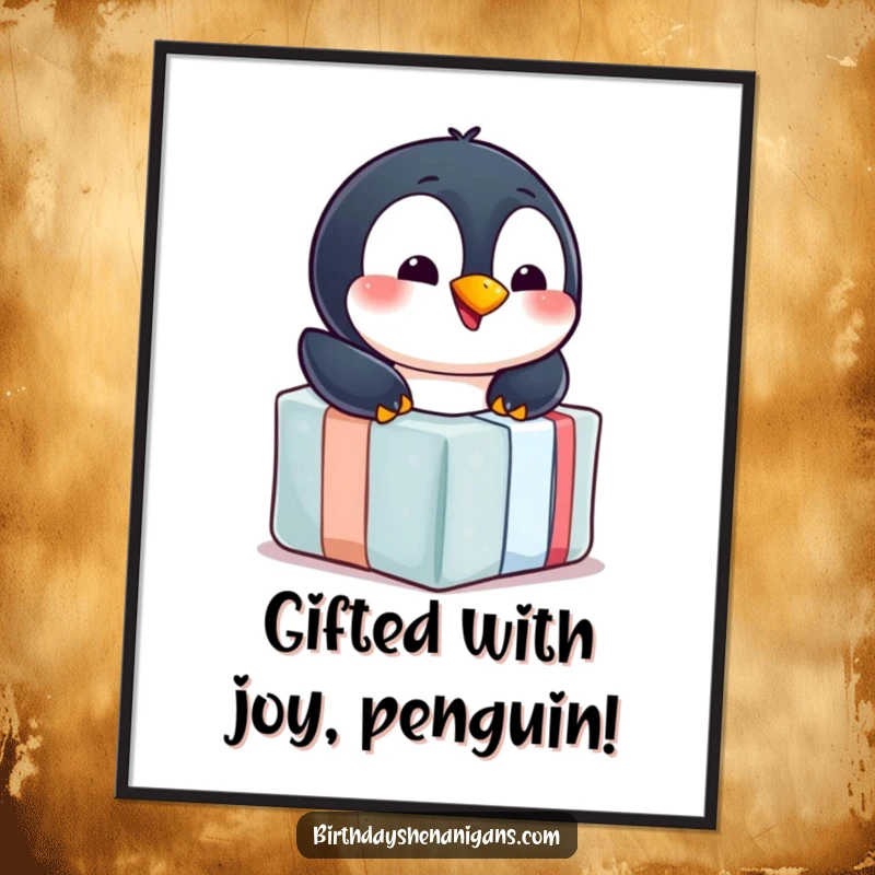 Funny Free Printable Penguin Wall Art: A cheerful penguin sliding down a brightly wrapped gift, bringing downloadable arctic humor and charm.
