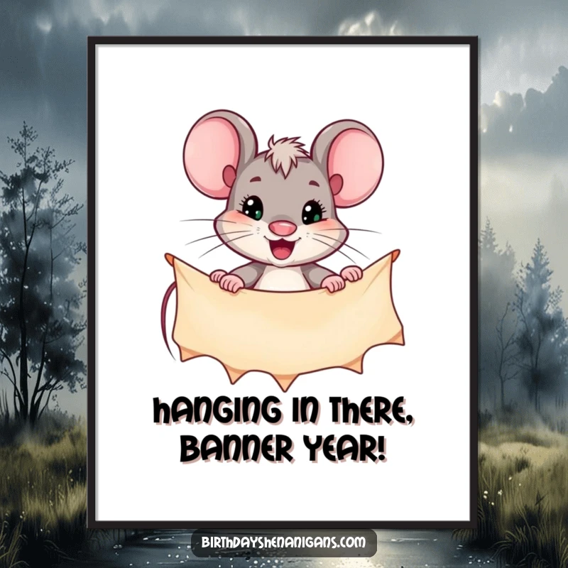 Funny Free Printable Wall Art of a small mouse on a stool, carefully hanging a colorful festive banner with determination.