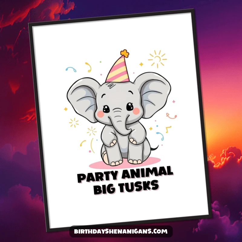Funny Free Printable Wall Art: Delighted elephant in party hat sprays colorful poppers energetically.