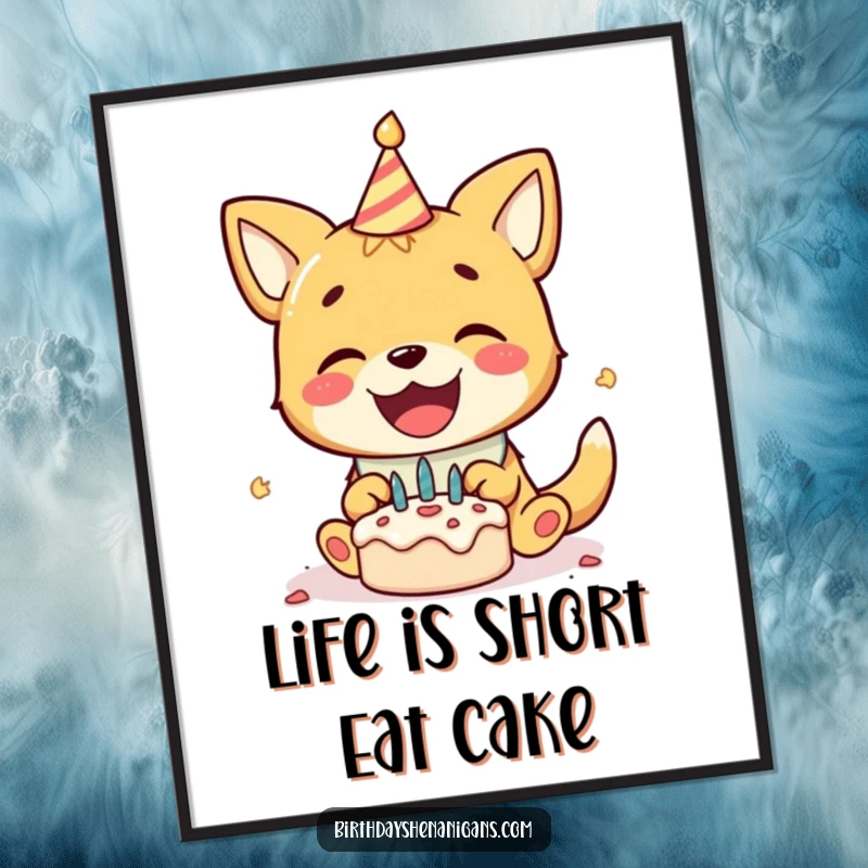 Funny free printable wall art: a delighted dog wearing a birthday bib is gleefully smashing a tiny cake.