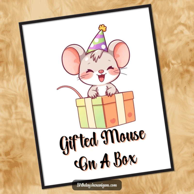 Funny Free Printable Wall Art: Giggling mouse in party hat rides a colorful gift box, bringing cheer.